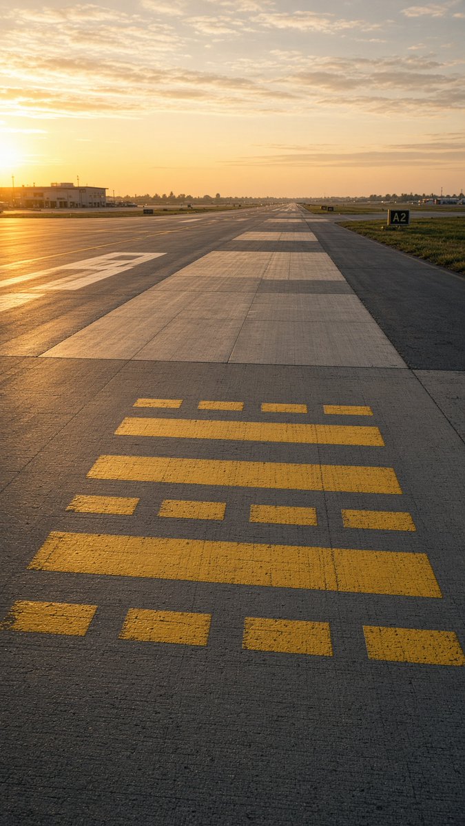 Create a photorealistic vertical aviation photograph of an empty airport runway/taxiway at golden hour, shot … - AI提示词参考图，来自西西提示词
