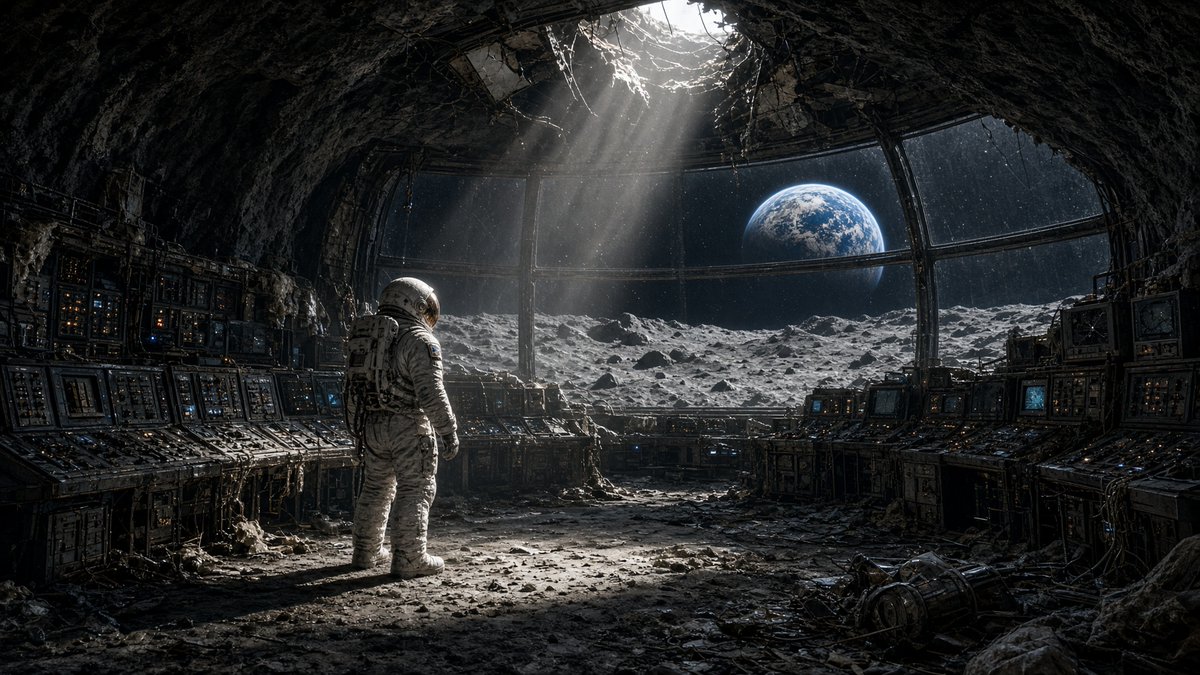 Create a cinematic ultra-realistic wide shot of a lone astronaut standing inside an abandoned lunar base buil… - AI提示词参考图,来自西西提示词