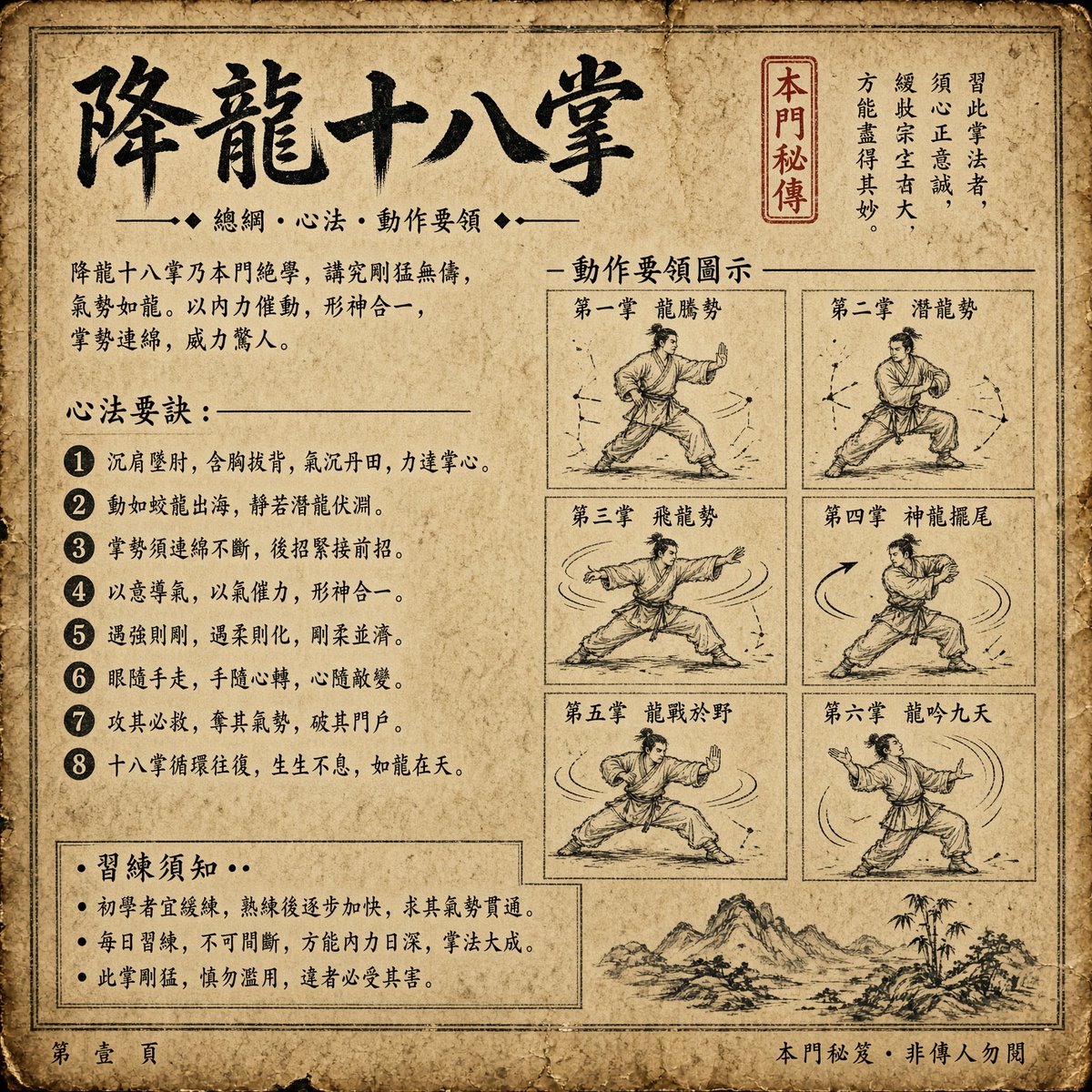 Goal: Create a single aged martial-arts manual page for {argument name="martial art title" default="降龍十八掌"}, … - AI提示词参考图，来自西西提示词