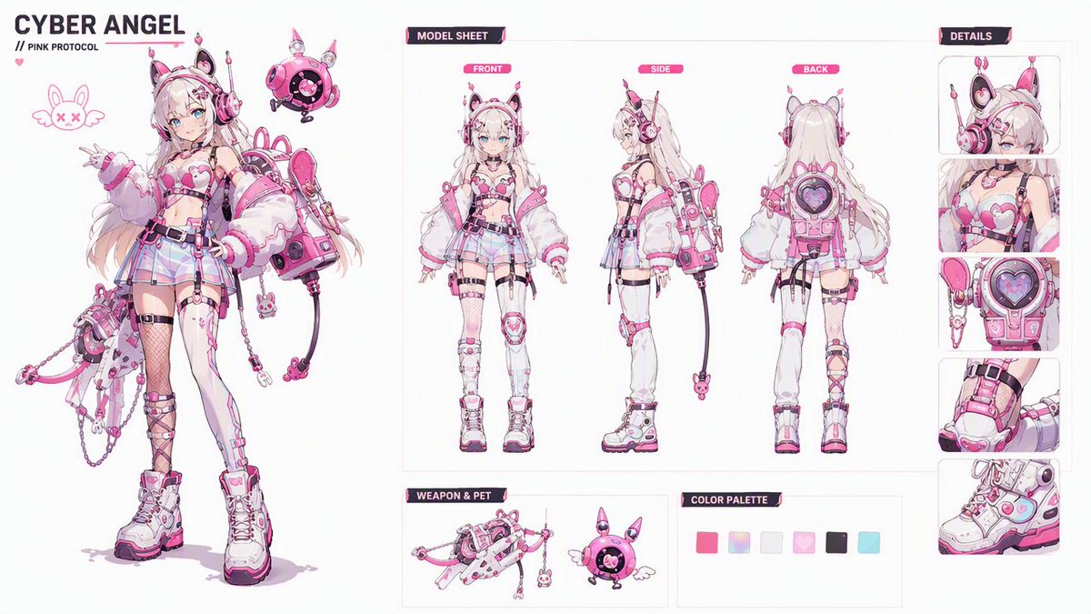 Goal: Create an ultra-detailed 16:9 futuristic anime character design sheet for an official AAA sci-fi game c… - AI提示词参考图,来自西西提示词