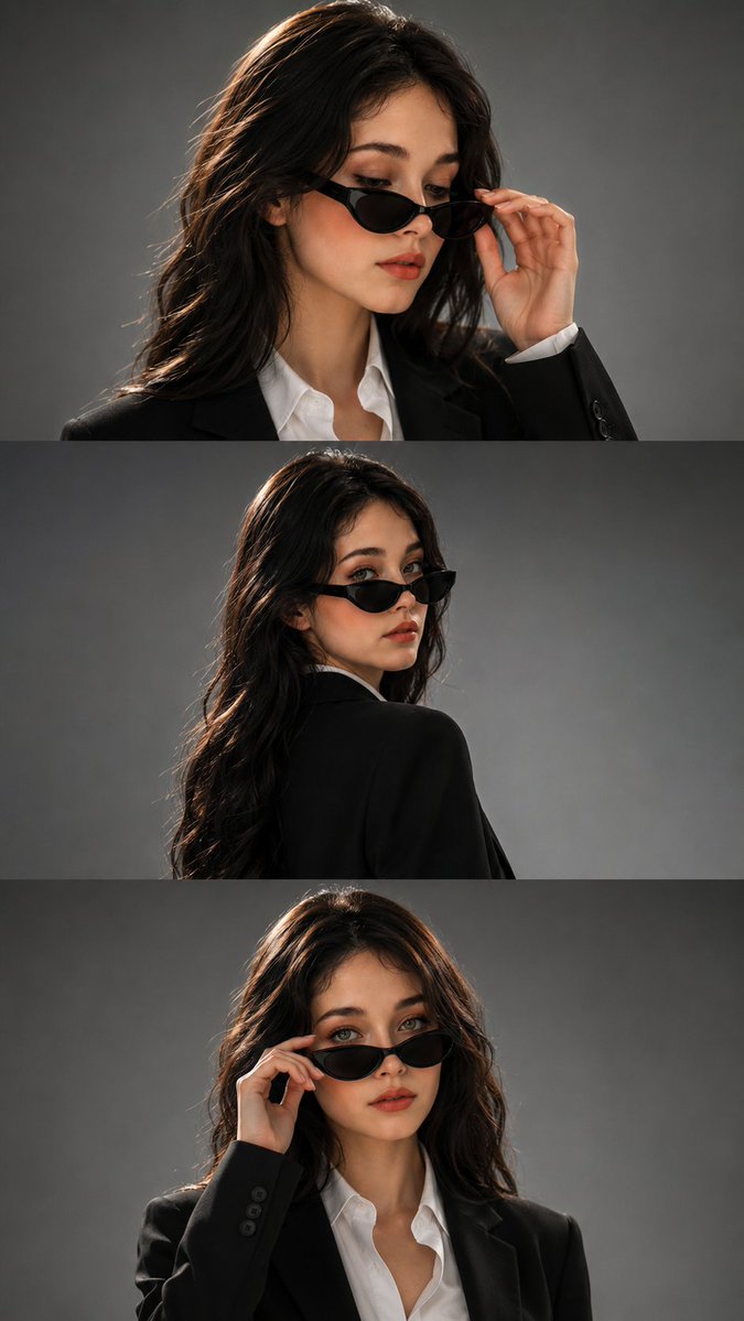 Using the provided reference image as the visual reference, create a photorealistic three-panel vertical fash… - AI提示词参考图,来自西西提示词