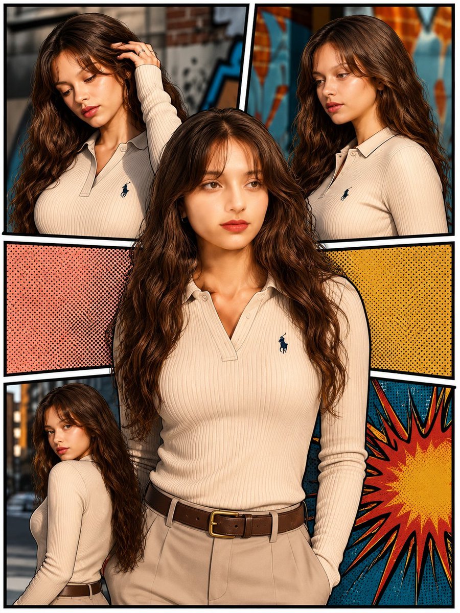 Create an ultra-realistic 3D pop-art comic poster collage featuring the same young woman consistently across … - AI提示词参考图，来自西西提示词