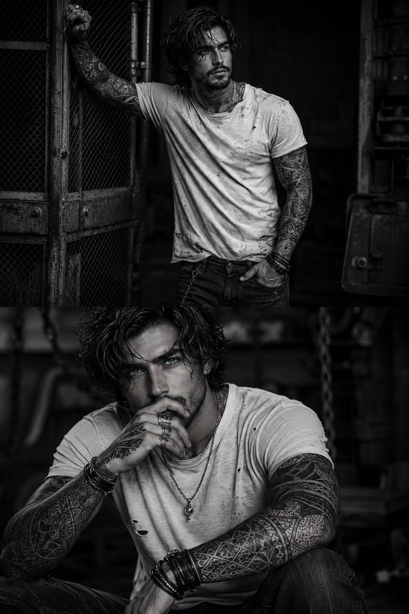Ultra-realistic cinematic black-and-white portrait photography, 8K HDR, hyper-detailed, dark gritty industria… - AI提示词参考图,来自西西提示词