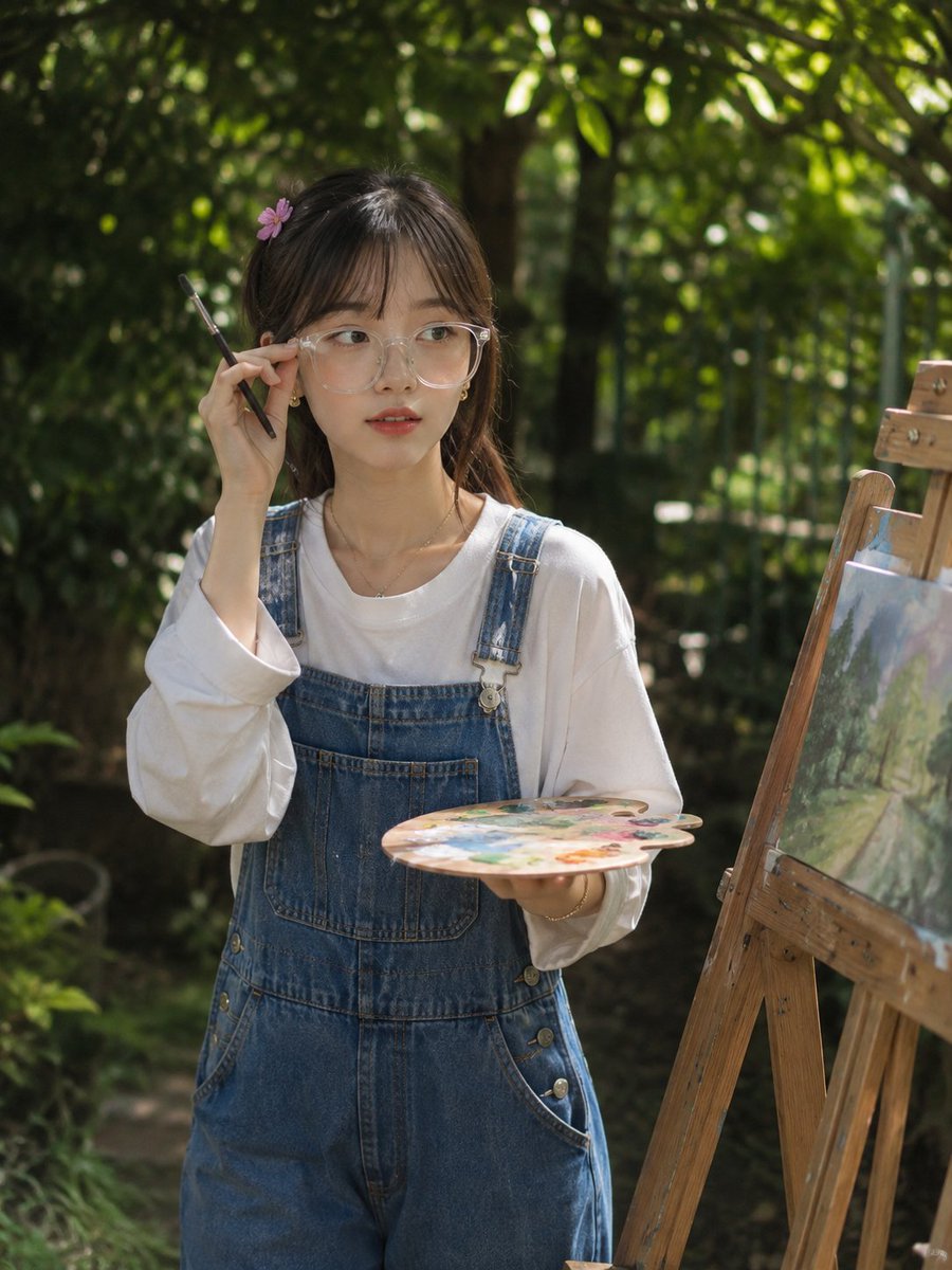 A dreamy outdoor portrait of {argument name="subject" default="a young woman painting in a lush green garden"… - AI提示词参考图,来自西西提示词