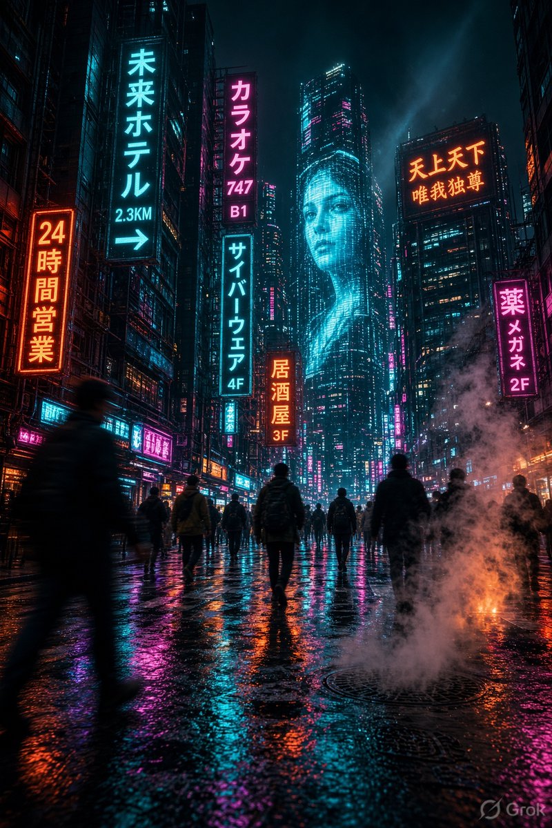 A futuristic {argument name="city style" default="cyberpunk city street"} at night, vertical orientation. Neo… - AI提示词参考图，来自西西提示词