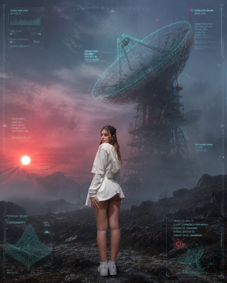 A cinematic, science-fiction shot of the attached model, her expression, clothing, and appearance completely … - AI提示词参考图,来自西西提示词