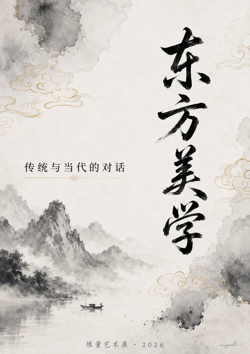 High-end Chinese style art poster, ink-wash background with pale gold auspicious clouds and negative space. T… - AI提示词参考图,来自西西提示词