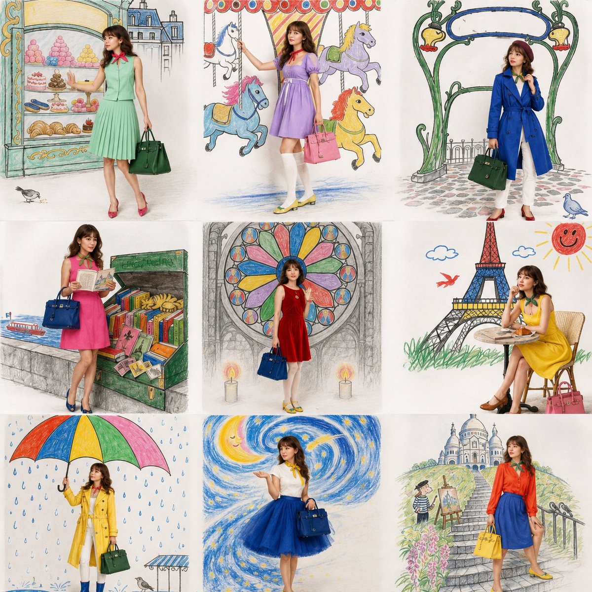 Create a whimsical 3×3 nine-panel fashion editorial collage featuring the woman from the uploaded reference p… - AI提示词参考图，来自西西提示词