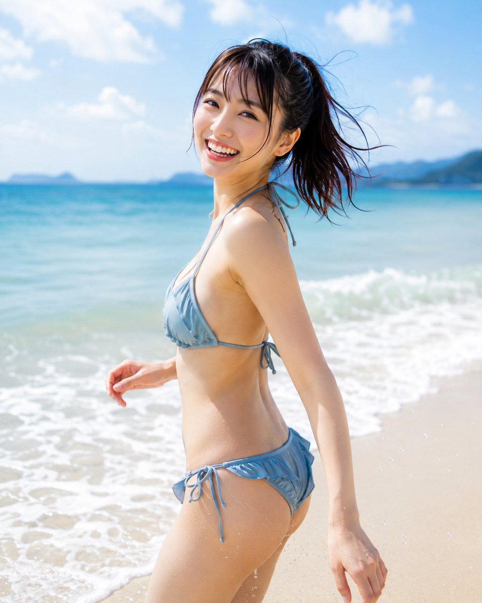 A cute {argument name="person" default="Japanese girl"} in a {argument name="outfit" default="swimsuit"} havi… - AI提示词参考图，来自西西提示词
