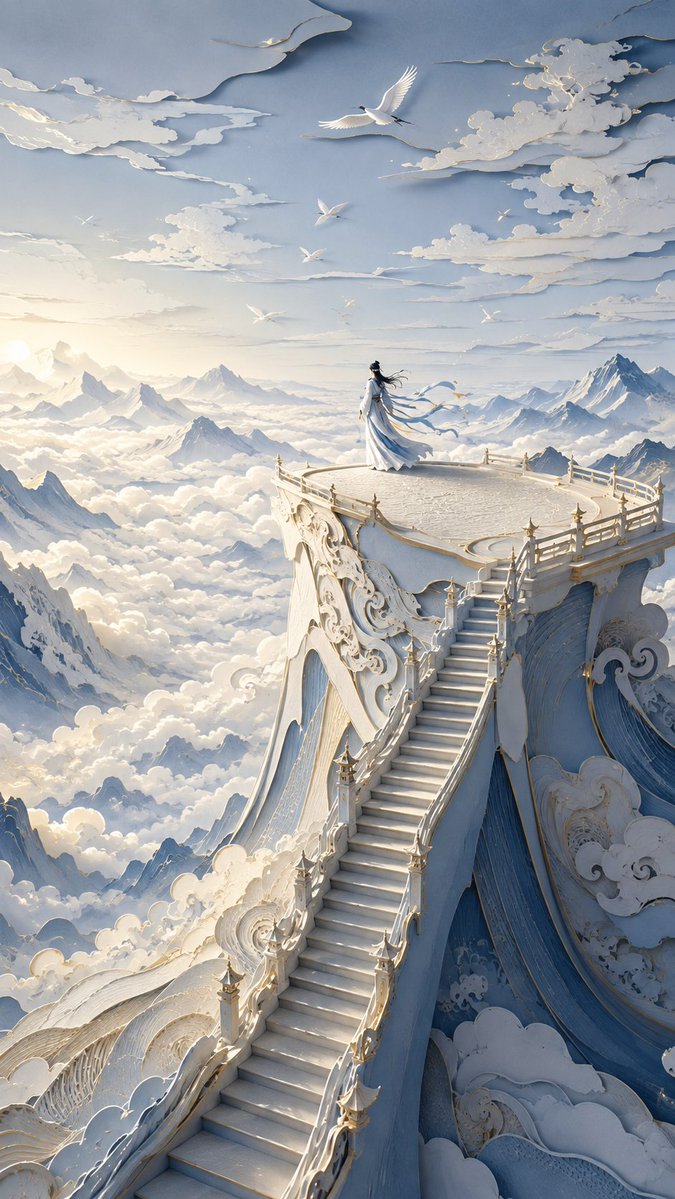 9:16 vertical version, modern Oriental female dreamscape 3D papercut art, modern oriental papercut art, layer… - AI提示词参考图，来自西西提示词
