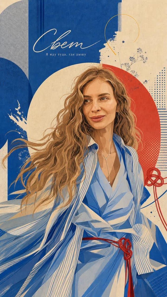 Editorial mixed-media portrait illustration of an elegant woman with long, flowing wavy light-brown hair, sub… - AI提示词参考图,来自西西提示词