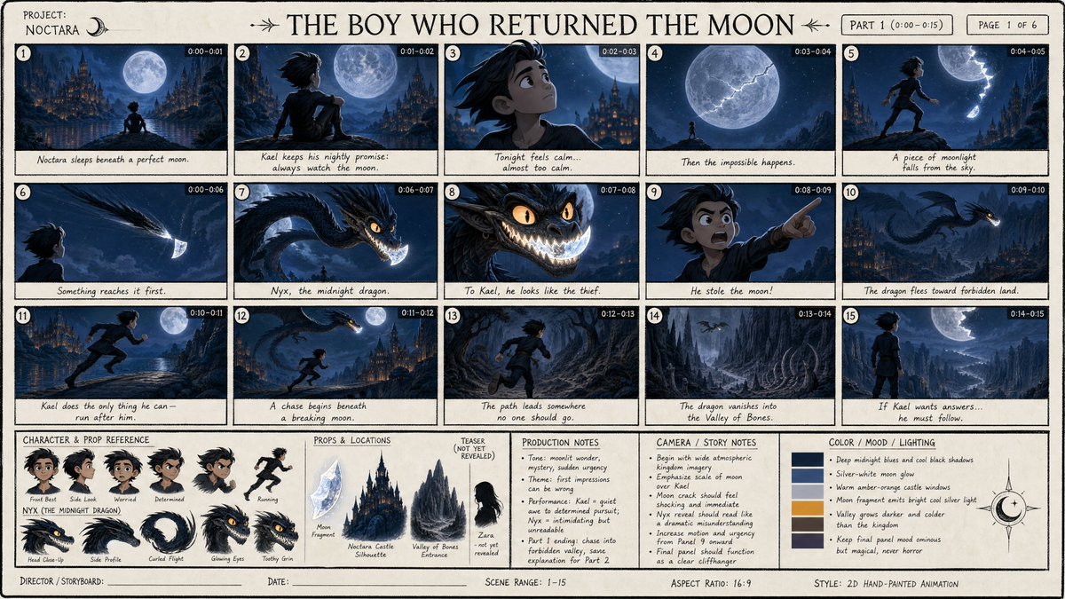 Create a single high-detail professional animation storyboard sheet in a clean 16:9 widescreen landscape form… - AI提示词参考图，来自西西提示词