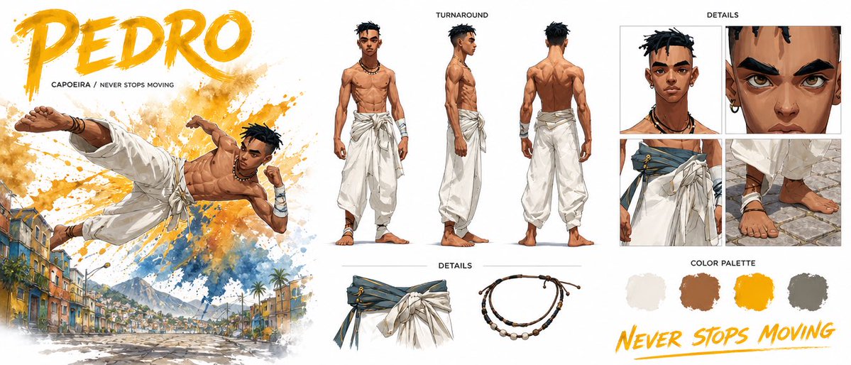 “Create a premium cinematic character bible sheet for a capoeira practitioner named PEDRO. Use the uploaded c… - AI提示词参考图,来自西西提示词