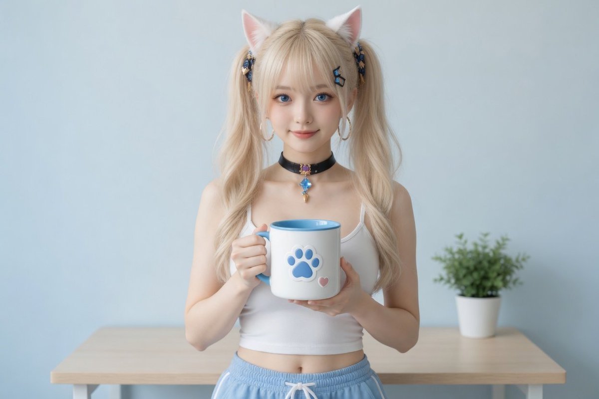 只把画面中喵喵酱手里的白色猫爪咖啡杯整体改成绿色（杯身、杯沿、把手可统一偏绿）， 猫爪浮雕与粉色小爱心保留，人物脸、发型、服装、桌子、背景植物完全不动。 - AI提示词参考图，来自西西提示词