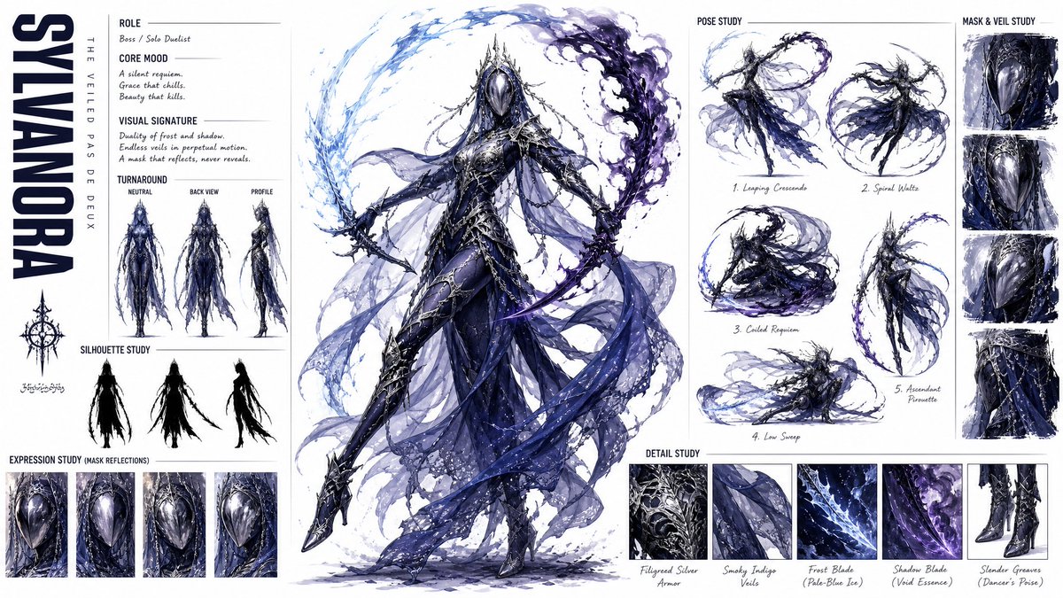 Create a premium, modern high-fashion CHARACTER CONCEPT ART SHEET in a 16:9 widescreen layout on a pure white… - AI提示词参考图，来自西西提示词