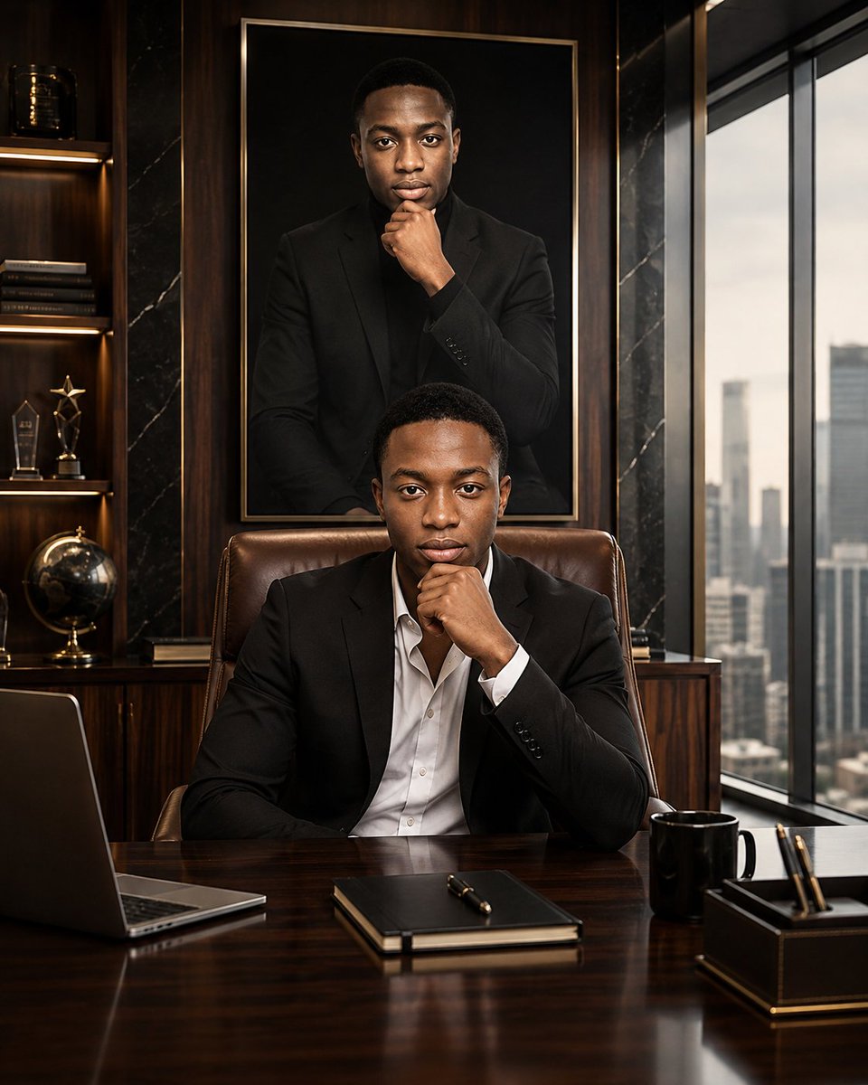 Create a cinematic executive portrait of {argument name="character name" default="a young Black man"} seated … - AI提示词参考图，来自西西提示词