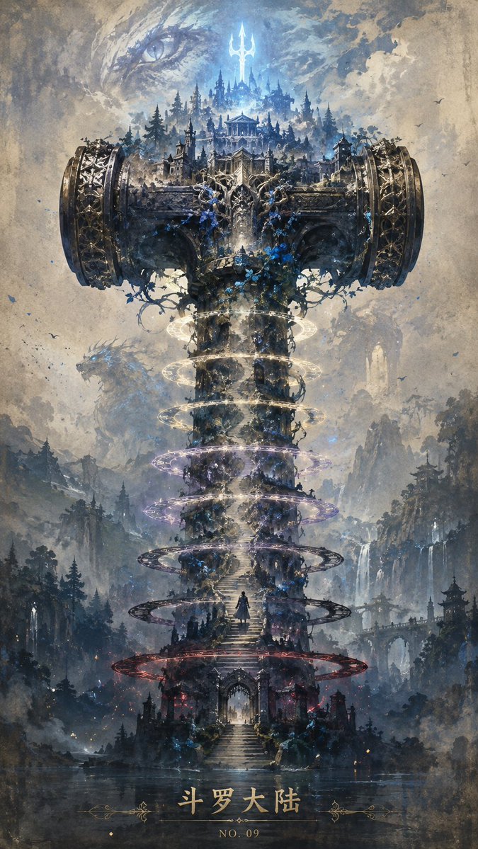 Create a vertical epic fantasy poster illustration in a painterly watercolor-and-ink style, like a high-detai… - AI提示词参考图，来自西西提示词