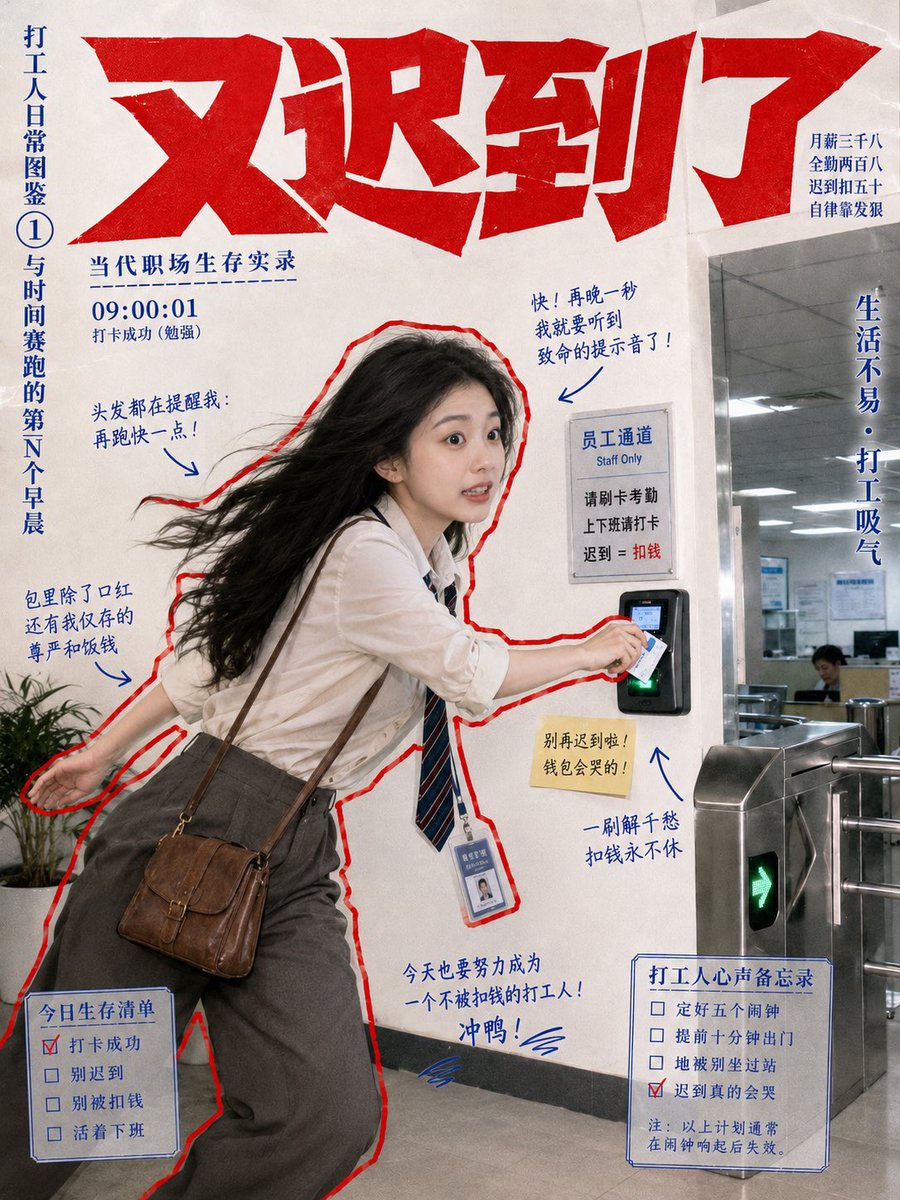 Goal: Create a chaotic Chinese social-media poster about an exhausted office worker clocking in at work, styl… - AI提示词参考图，来自西西提示词