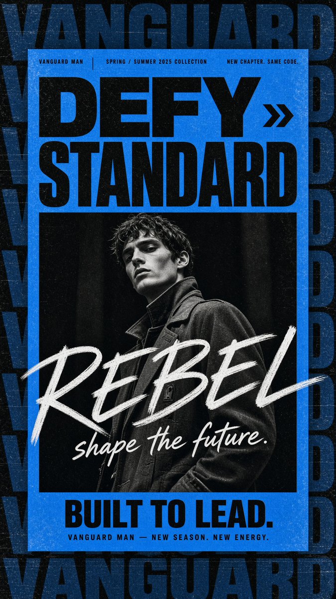 Create a gritty high-fashion menswear campaign poster for {argument name="brand name" default="VANGUARD MAN"}… - AI提示词参考图,来自西西提示词