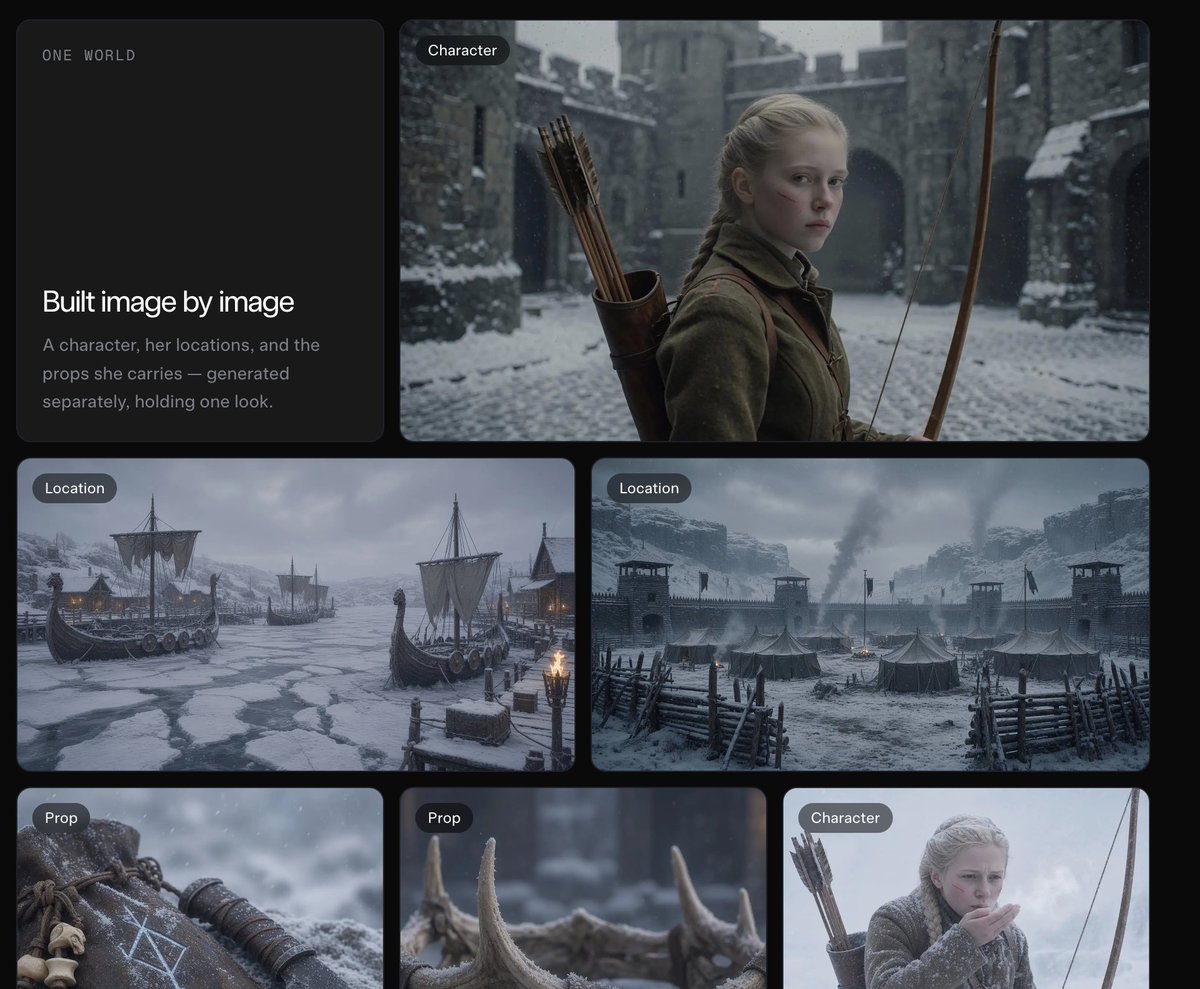 Goal: Create a dark cinematic presentation board for a worldbuilding / image-generation workflow, showing how… - AI提示词参考图，来自西西提示词