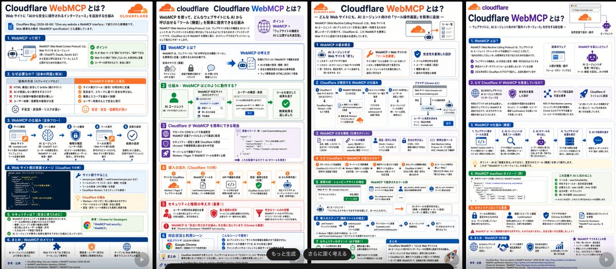 Goal: Create a wide comparison image showing exactly 4 separate Japanese infographic poster pages side by sid… - AI提示词参考图，来自西西提示词