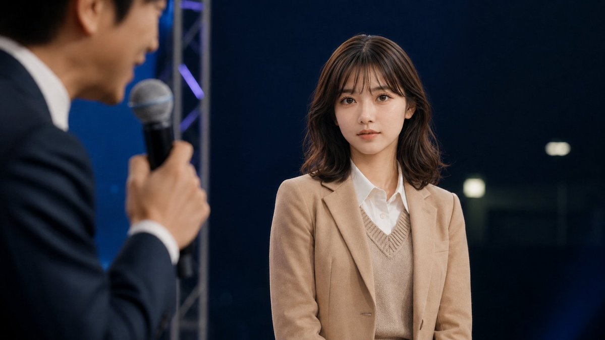 Create a cinematic photorealistic still from a live talk show or interview on a dark studio stage. The main s… - AI提示词参考图,来自西西提示词
