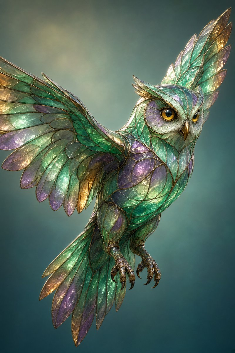 Create a vertical fantasy illustration of a majestic {argument name="subject" default="owl"} in mid-flight, a… - AI提示词参考图，来自西西提示词