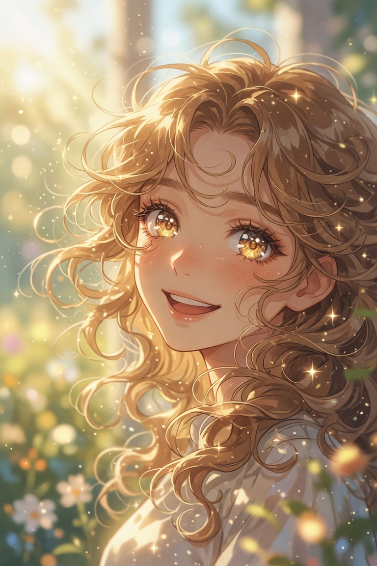 Create a luminous anime-style portrait of a cheerful young woman in a sunlit garden, shown from the shoulders… - AI提示词参考图,来自西西提示词