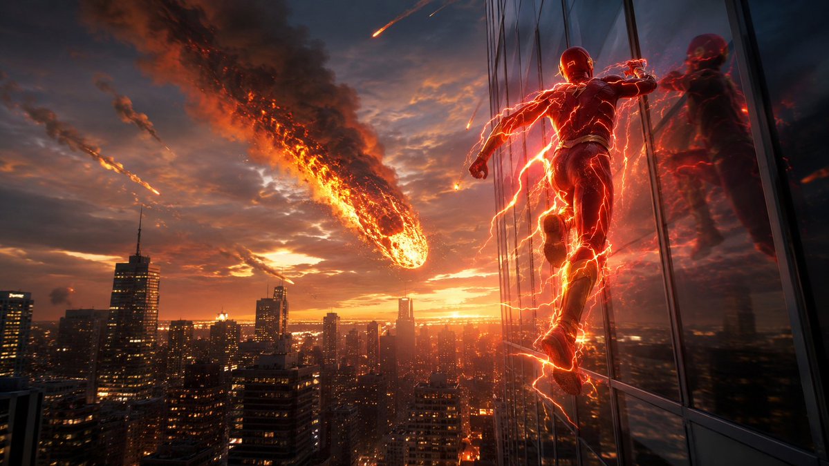 Create a cinematic widescreen superhero disaster scene at sunset: a {argument name="superhero style" default=… - AI提示词参考图，来自西西提示词