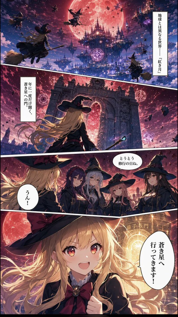 Goal: Create a vertical fantasy manga page about a young witch traveling to the Lion's Gate under a giant cri… - AI提示词参考图,来自西西提示词