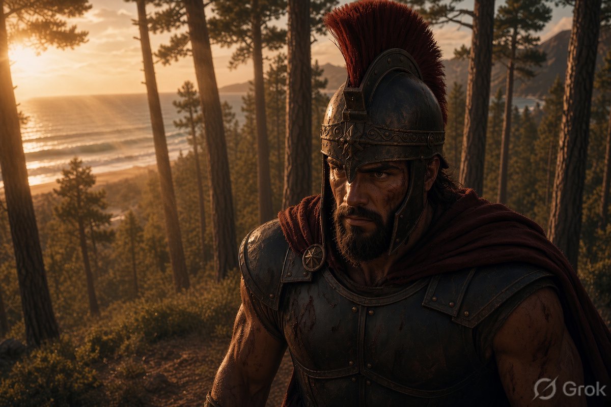 Create a cinematic photorealistic historical fantasy scene at golden hour: one rugged ancient Spartan or Gree… - AI提示词参考图，来自西西提示词