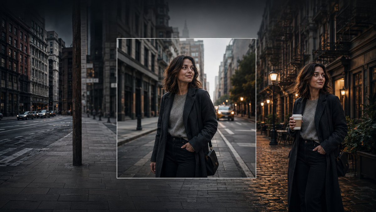 Create a cinematic wide banner image demonstrating AI image editing and consistent character generation. The … - AI提示词参考图，来自西西提示词