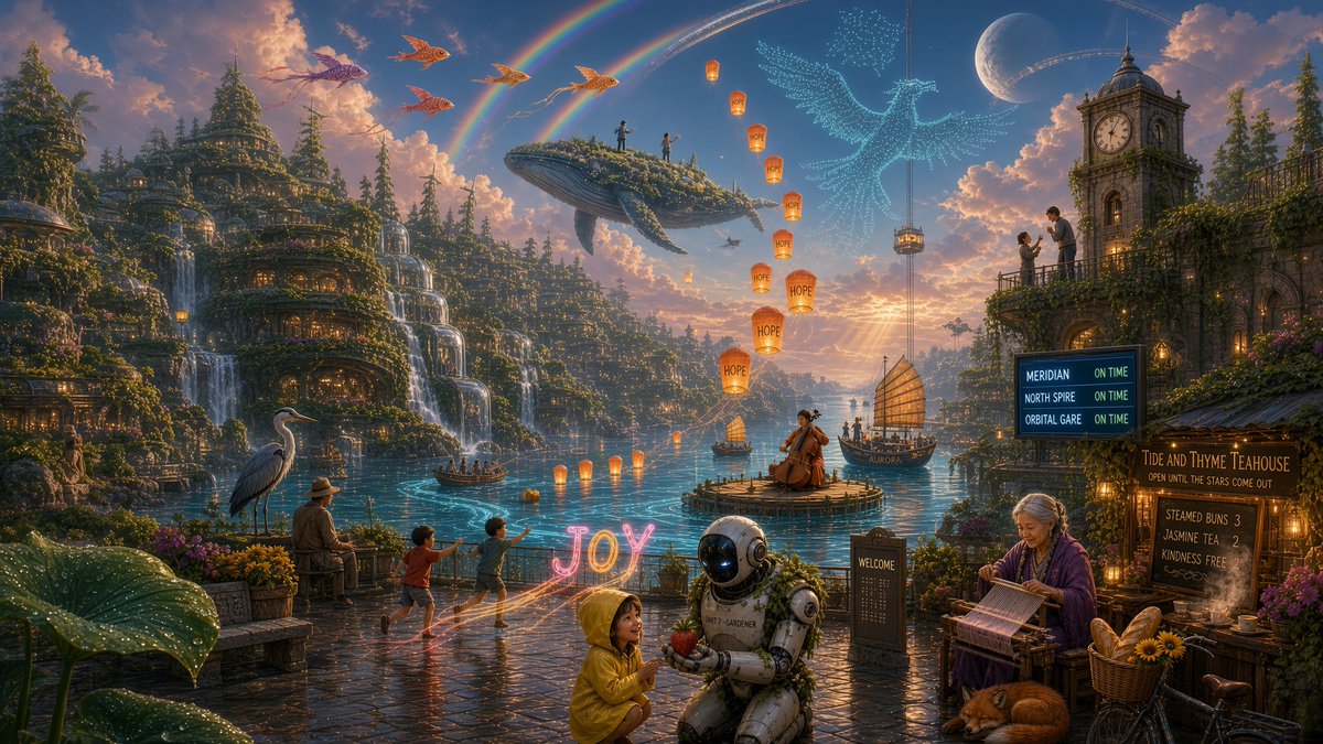 Create a highly detailed cinematic fantasy solarpunk harbor city at sunset, wide panoramic 16:9 composition, … - AI提示词参考图，来自西西提示词
