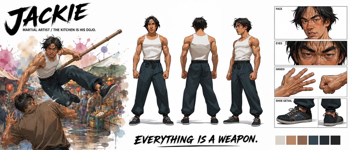 Goal: Create a premium cinematic character bible sheet for a martial artist named {argument name="character n… - AI提示词参考图，来自西西提示词