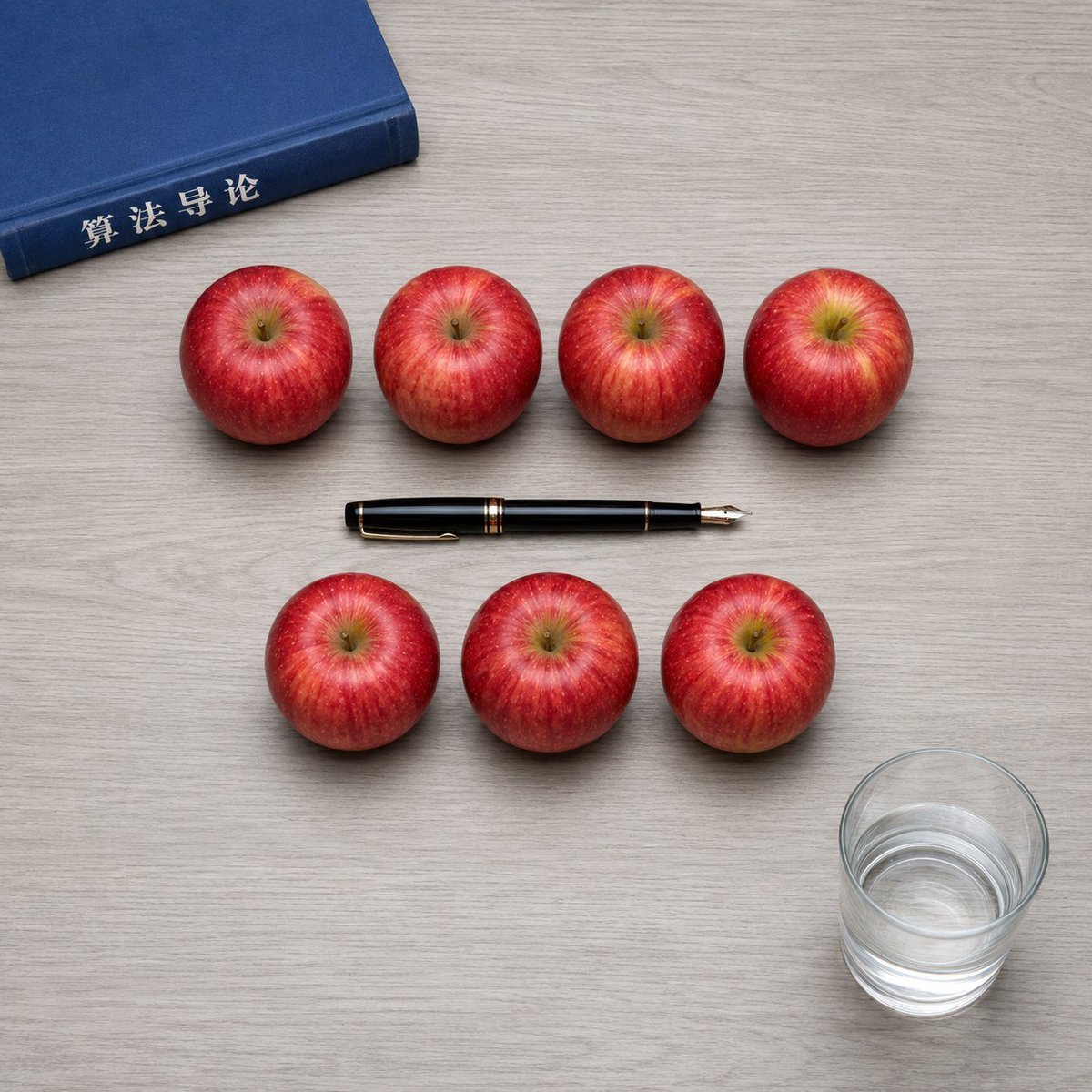 Create a square 1:1 photorealistic top-down tabletop scene on a pale gray wood-grain desk. Arrange exactly {a… - AI提示词参考图，来自西西提示词