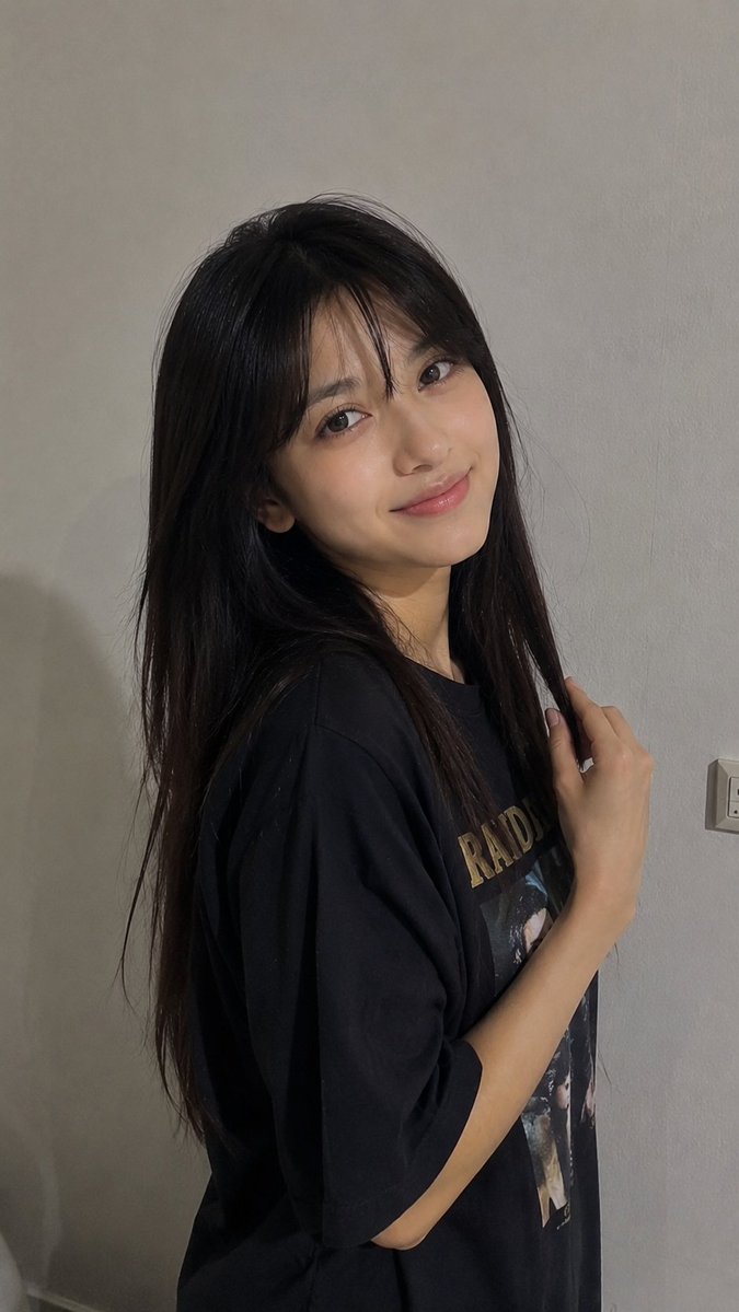 Ultra-realistic casual smartphone photo of a young woman standing indoors against a simple light gray wall. S… - AI提示词参考图，来自西西提示词
