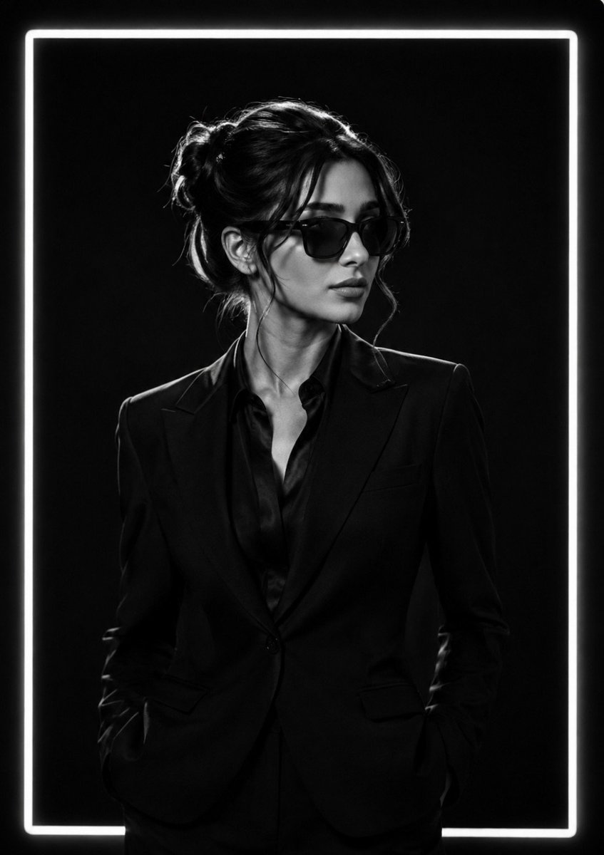 Create an ultra-realistic cinematic black-and-white fashion portrait that matches the reference image as clos… - AI提示词参考图，来自西西提示词