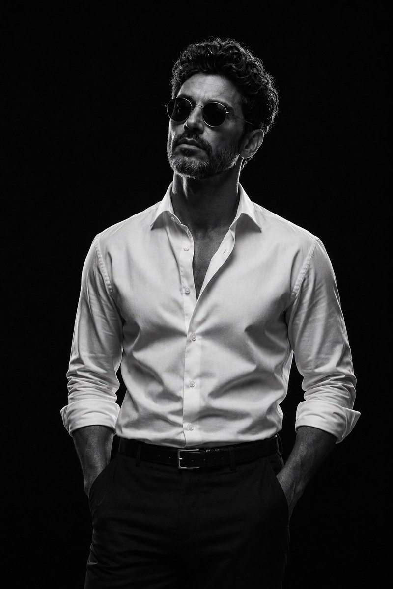 Dramatic ultra-photorealistic black-and-white studio fashion portrait of an {argument name="gender" default="… - AI prompt reference from CC Prompt Galaxy