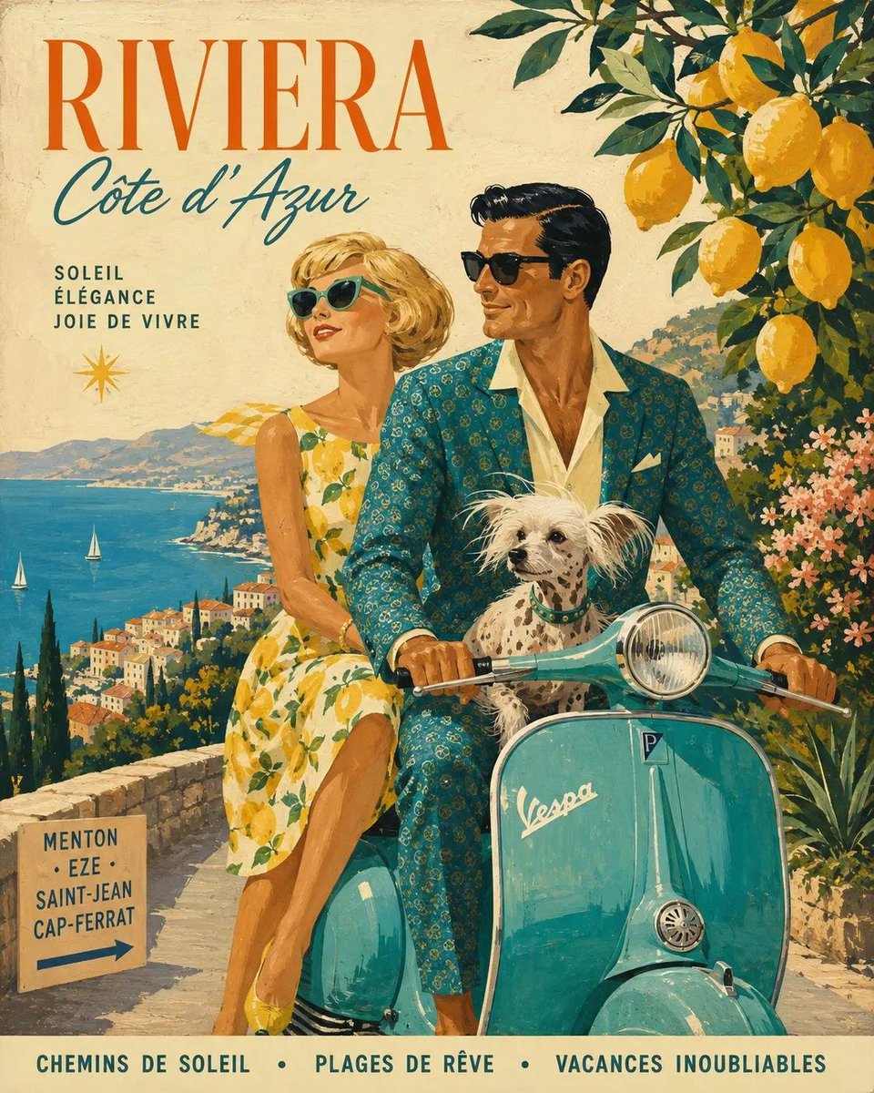 Create a single cohesive vintage Mediterranean travel-poster illustration inspired by classic {argument name=… - AI提示词参考图，来自西西提示词