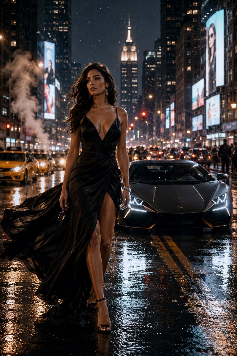 Create an ultra-realistic cinematic 9:16 portrait set on a rain-soaked Manhattan avenue at night. A stunning,… - AI提示词参考图，来自西西提示词