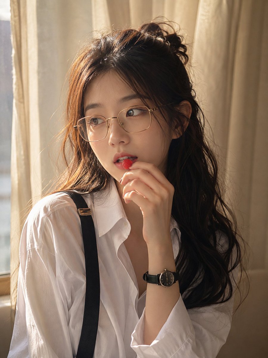 A {argument name="subject" default="young East Asian woman"} with long dark brown wavy hair styled in a loose… - AI提示词参考图，来自西西提示词
