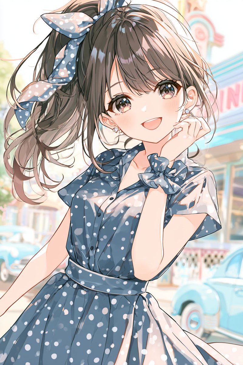 A full-body anime-style illustration of a cheerful young woman in 1950s rockabilly fashion. She is wearing a … - AI提示词参考图，来自西西提示词