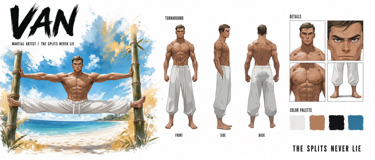 Create a premium cinematic character bible sheet for a martial artist named {argument name="character name" d… - AI提示词参考图，来自西西提示词