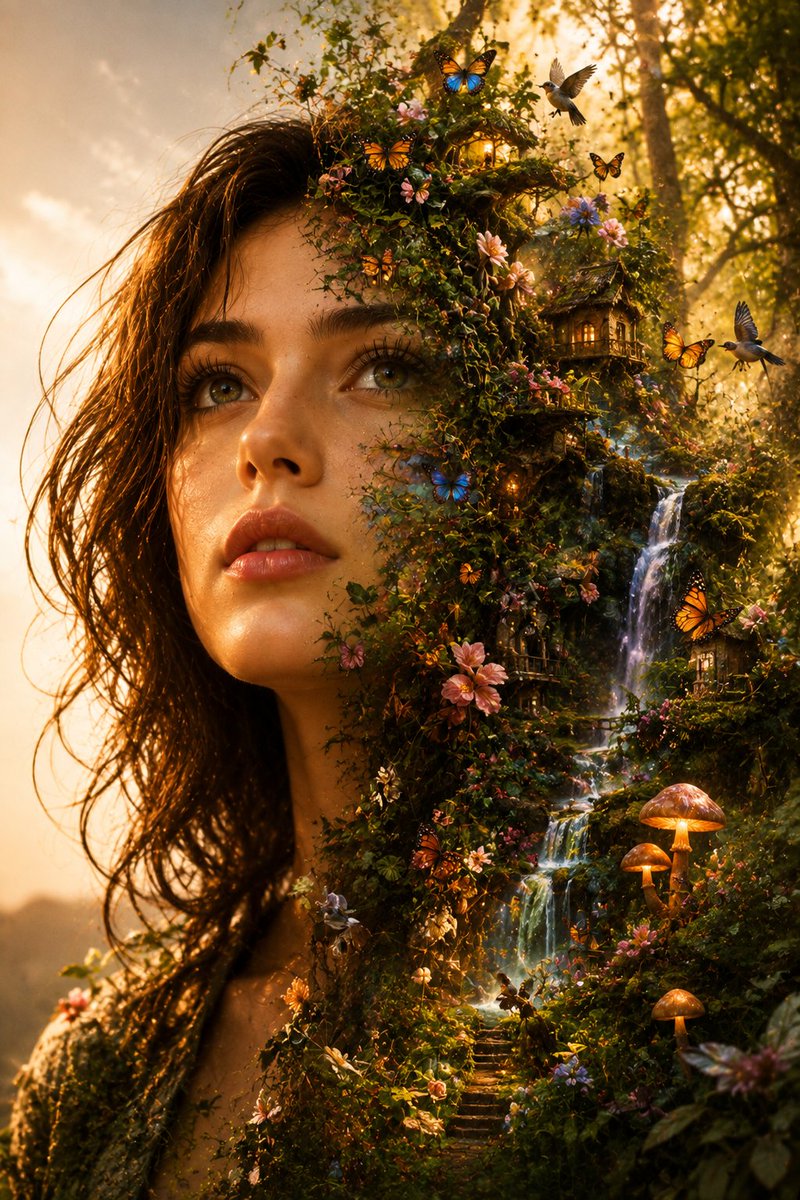 Create an ultra-realistic fantasy portrait in vertical 9:16 format. A beautiful young woman stands centered i… - AI提示词参考图，来自西西提示词