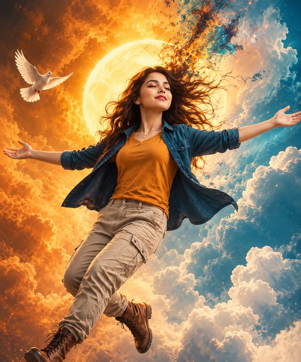 Create a breathtaking cinematic fantasy scene of a beautiful young woman floating gracefully among dramatic c… - AI提示词参考图，来自西西提示词