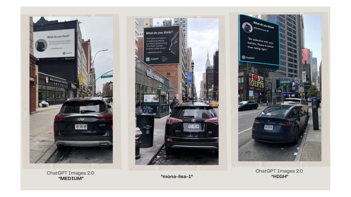 Goal: Create a clean comparison graphic showing three AI-generated urban billboard photos side by side, as if… - AI提示词参考图，来自西西提示词