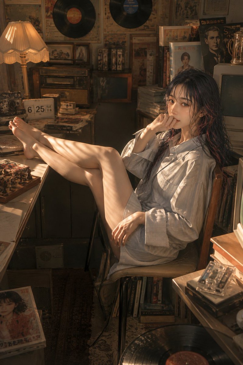 Create a vertical photorealistic cinematic portrait of a young East Asian woman in a cozy cluttered retro rec… - AI提示词参考图，来自西西提示词