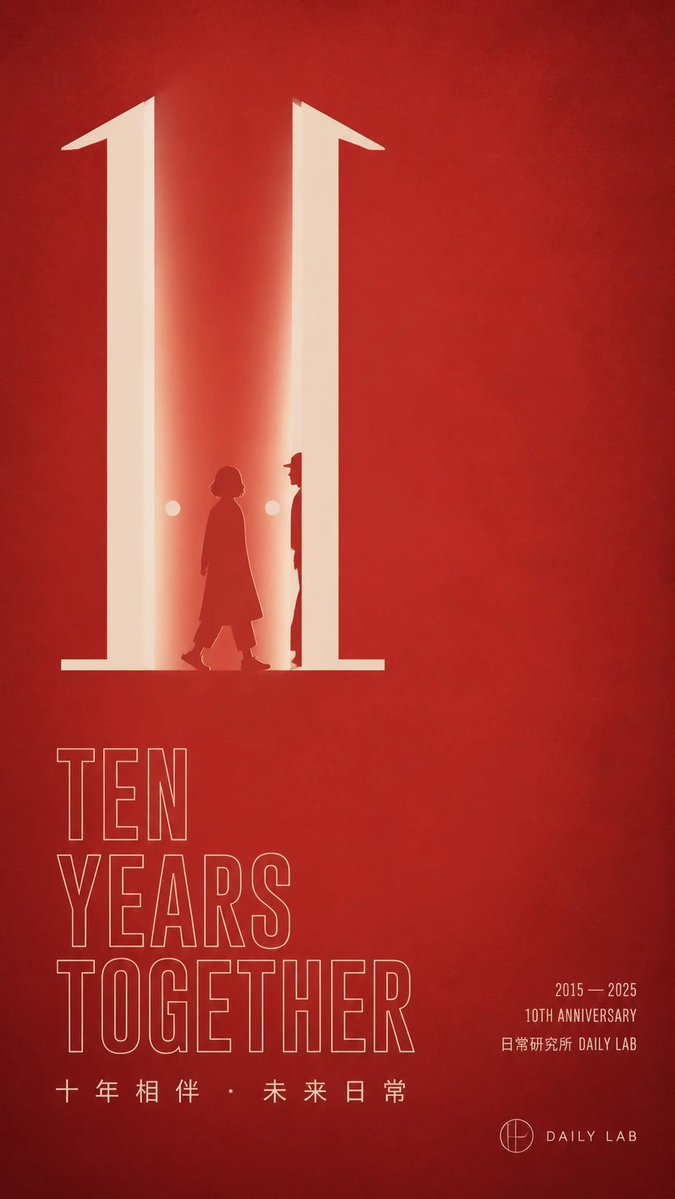 Goal: Create a minimalist vertical red anniversary poster for {argument name="brand name" default="DAILY LAB"… - AI提示词参考图，来自西西提示词