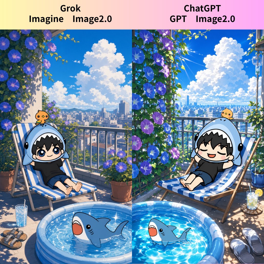 Goal: Create a square side-by-side comparison image showing two AI image model results for the same cheerful … - AI提示词参考图，来自西西提示词