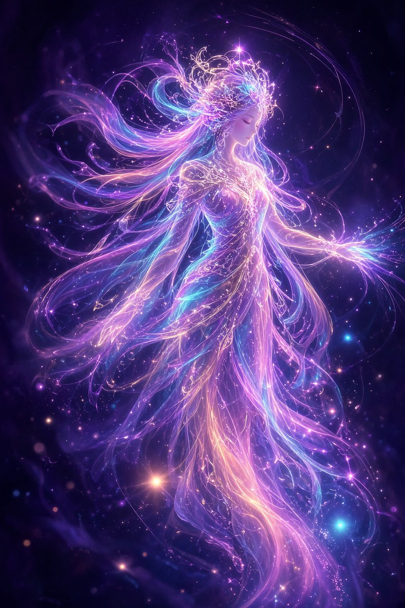 Create a vertical fantasy illustration of an ethereal celestial goddess made of glowing stardust and flowing … - AI提示词参考图，来自西西提示词